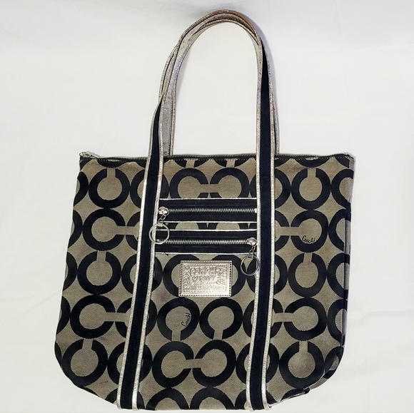 Coach Poppy Tote Op Art Glam Signature Logo Bag Purse Black Gray Silver 13826 - Picture 14 of 14